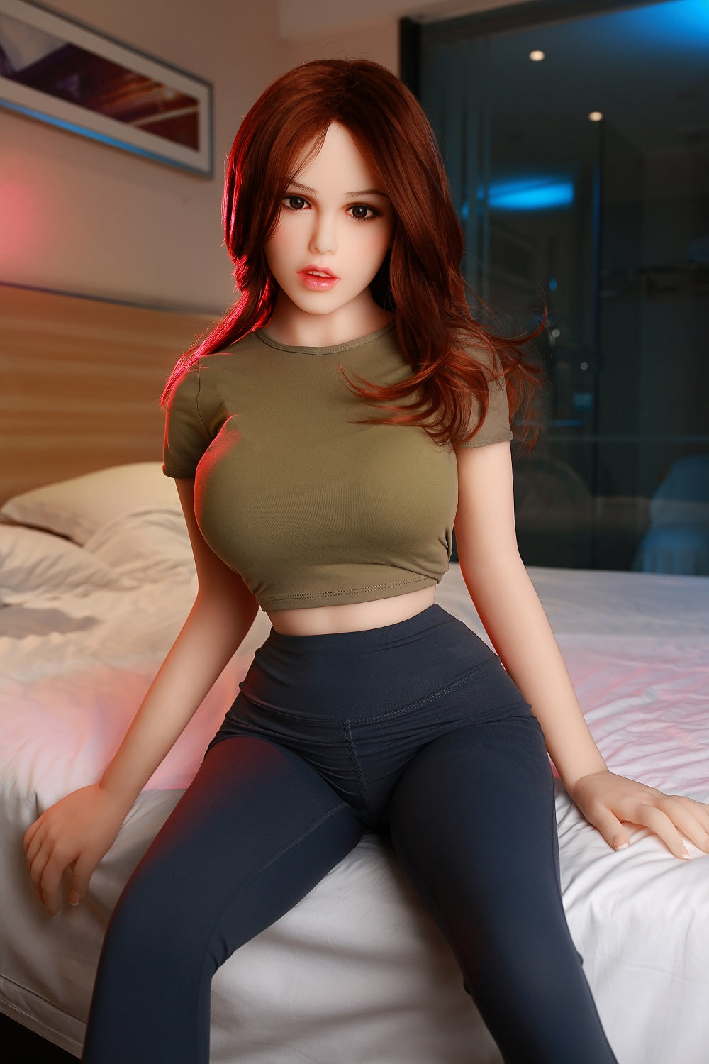 Beautiful woman with normal breasts and plump hips, resembling a lifelike chubby doll